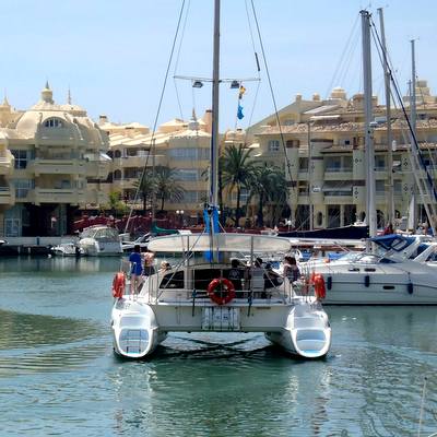 Catamaran dolphin tour guides with Hen Weekend Marbella on the Costa del Sol